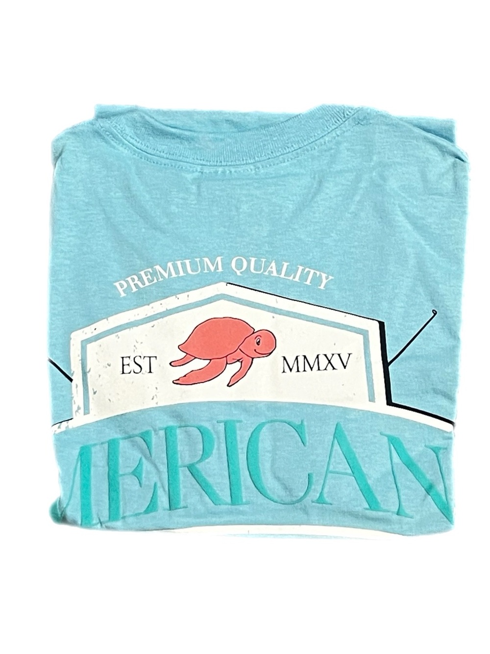 NWT ‘merican Proper Gildan Light Blue Tee with Pink Turtle Tag